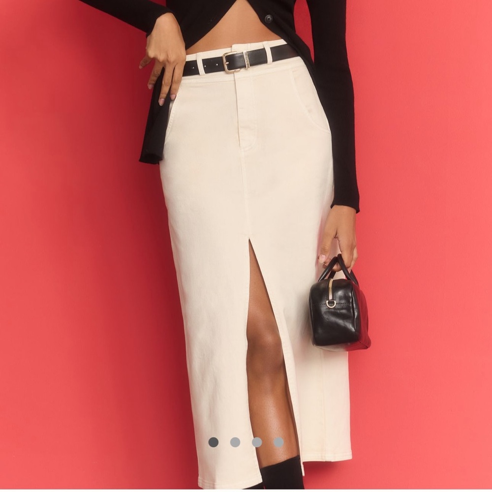 Classic Cream High-Waist Front-Slit Denim Skirt